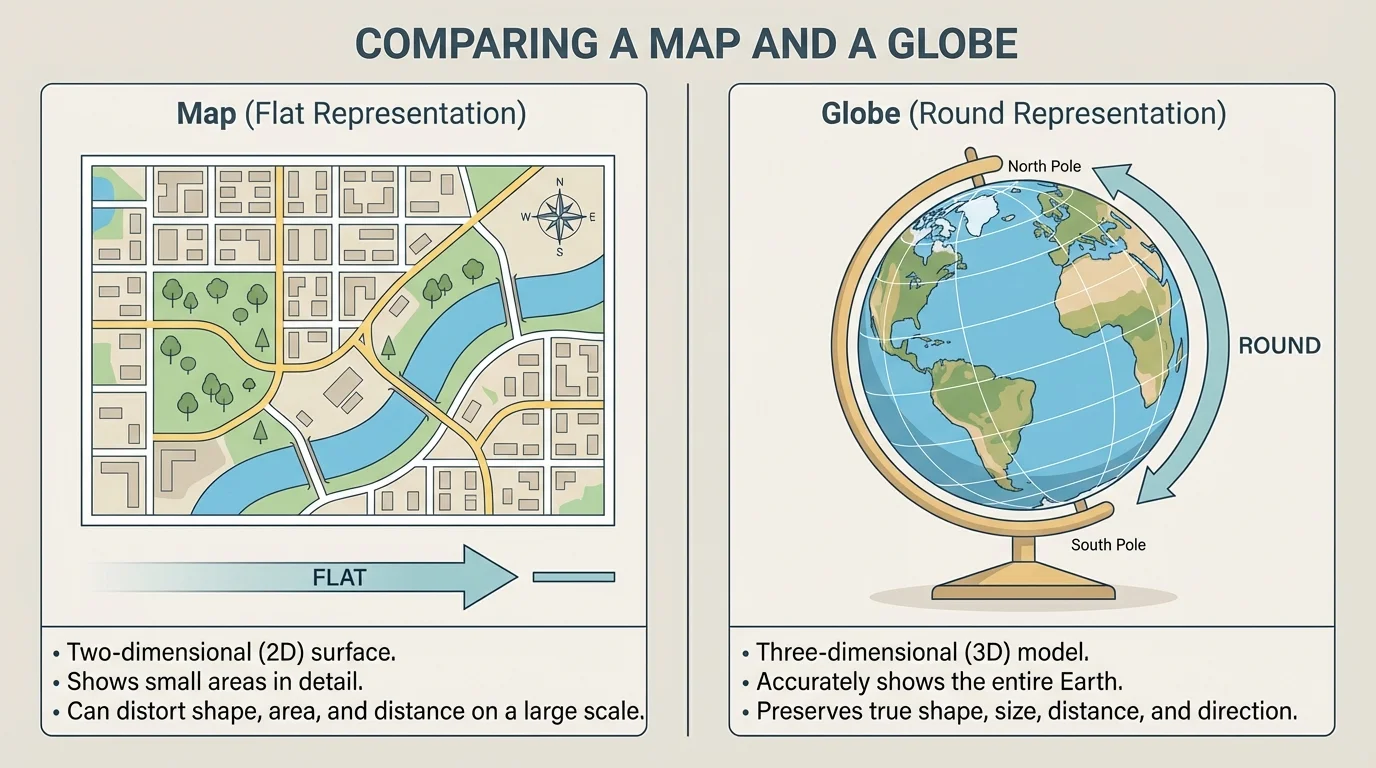 comparison chart with a flat city map on one side and a globe on the other, showing flat versus round
