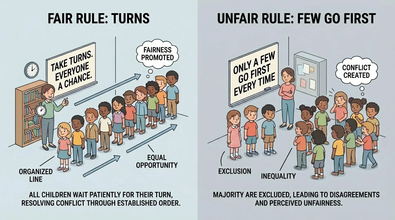 split classroom scene showing one line rule where everyone lines up by turn and another unfair rule where only a few children may go first every time