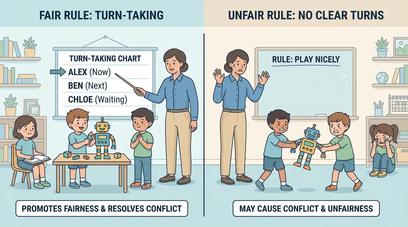 children in a classroom taking turns with one popular toy while a teacher points to a turn-taking chart