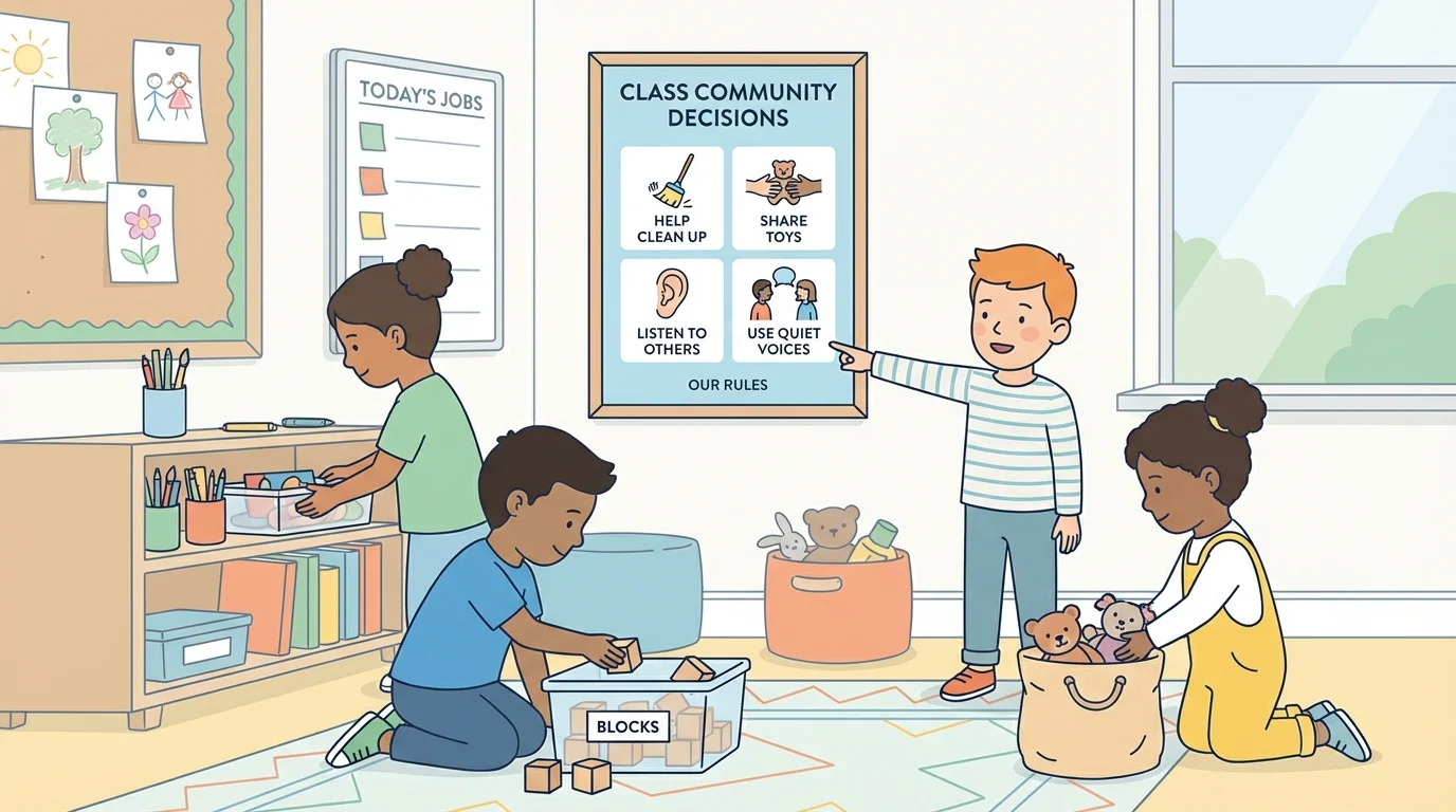 Classroom scene with children cleaning up toys together while one child points to a simple class rules poster