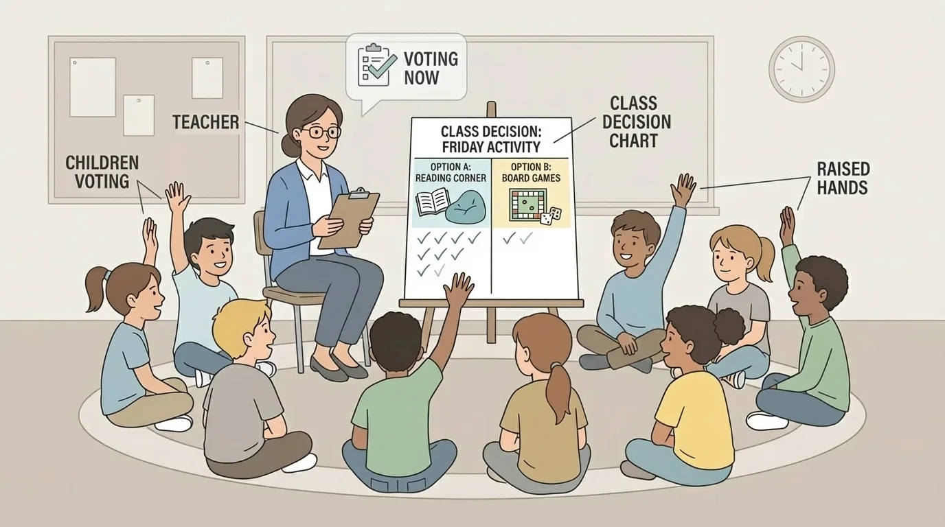 Classroom circle with teacher and children raising hands to choose between two class options on a chart