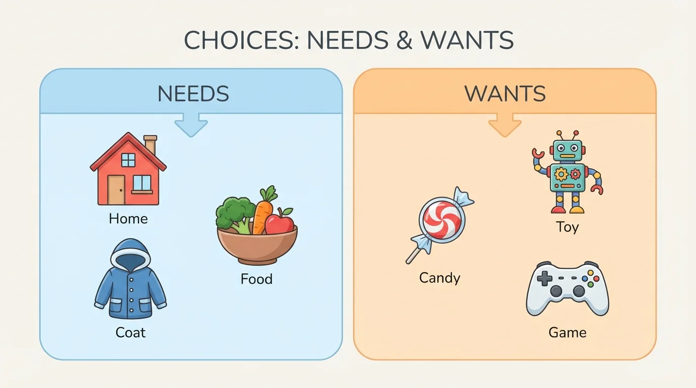 Child-friendly chart with simple pictures sorted into two groups: needs such as food, home, coat, and wants such as toy, candy, game