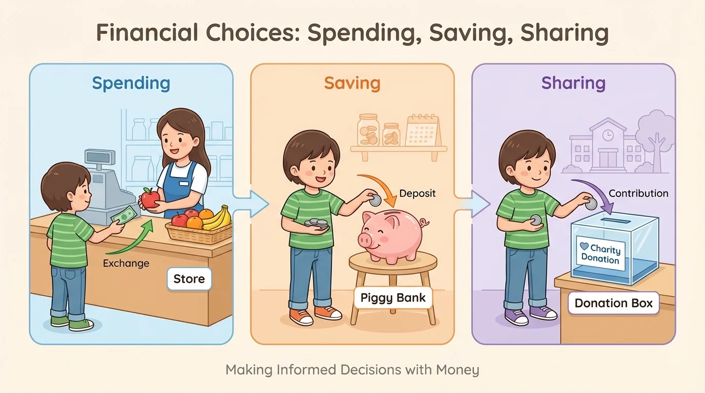 Three-part scene showing a child buying fruit at a store, putting coins into a piggy bank, and placing a coin into a donation box