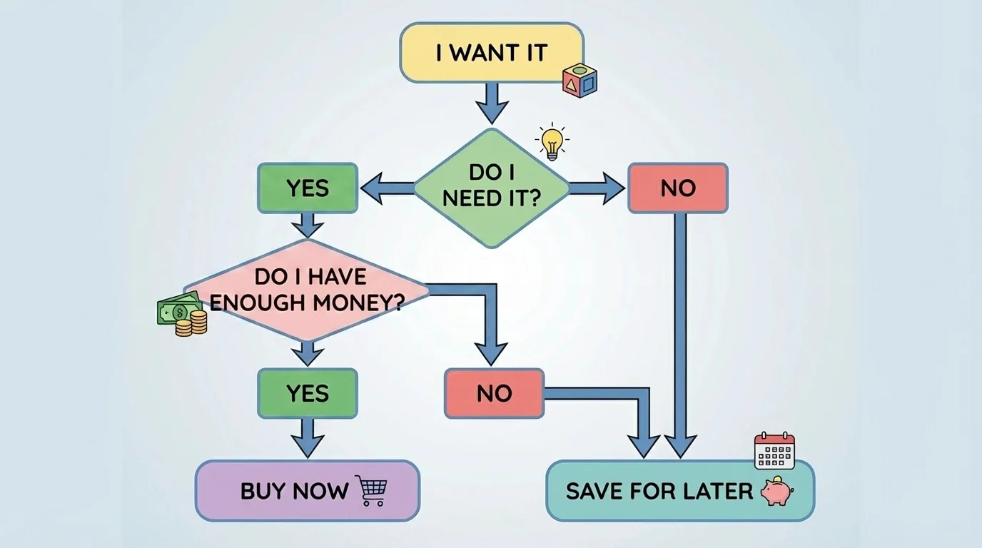 Simple decision flowchart for children with boxes: I want it, Do I need it, Do I have enough money, Buy now, or Save for later