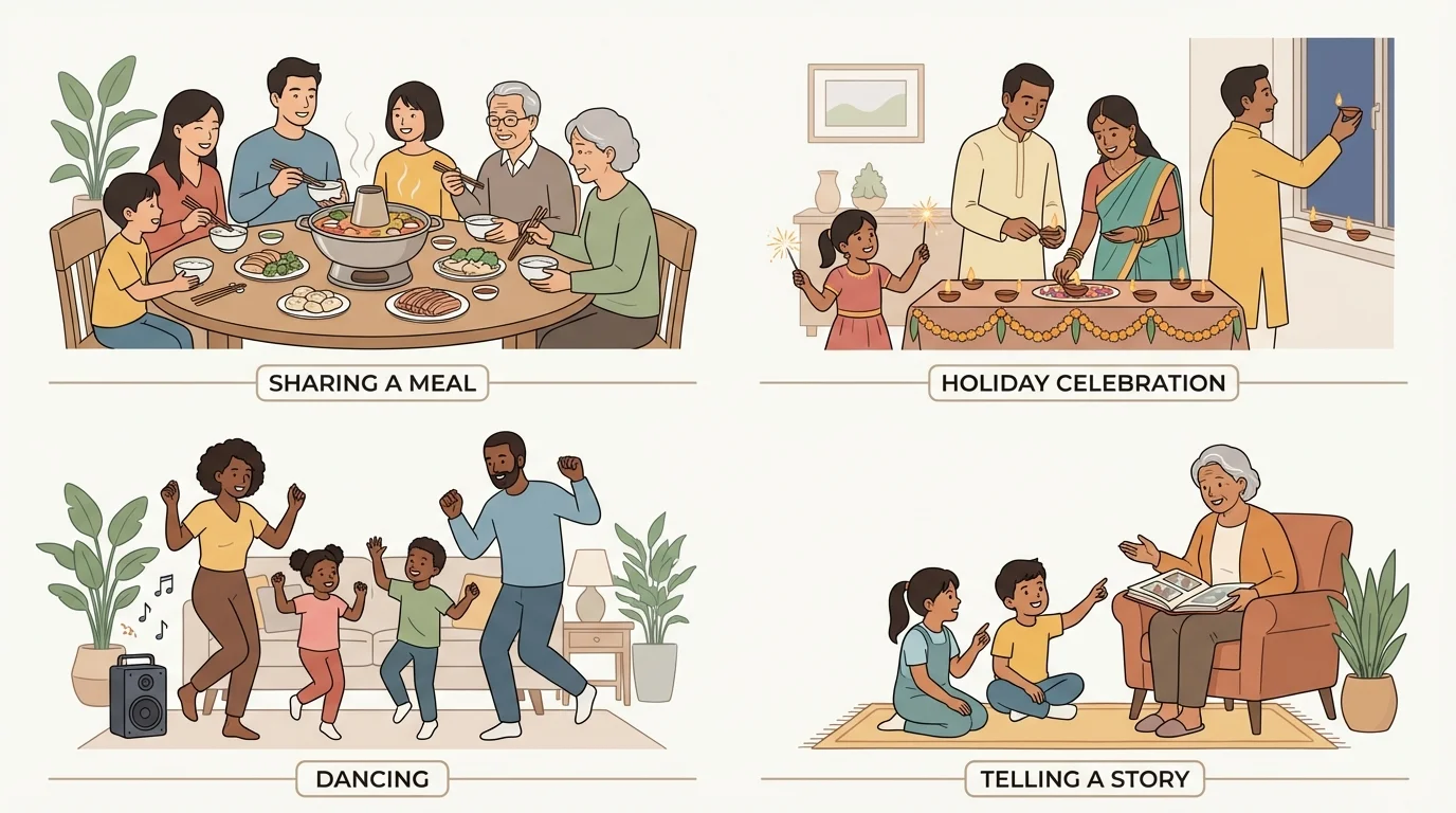 diverse families from different racial and cultural backgrounds doing different traditions at home, such as sharing a meal, dancing, telling a story, or wearing special holiday clothing