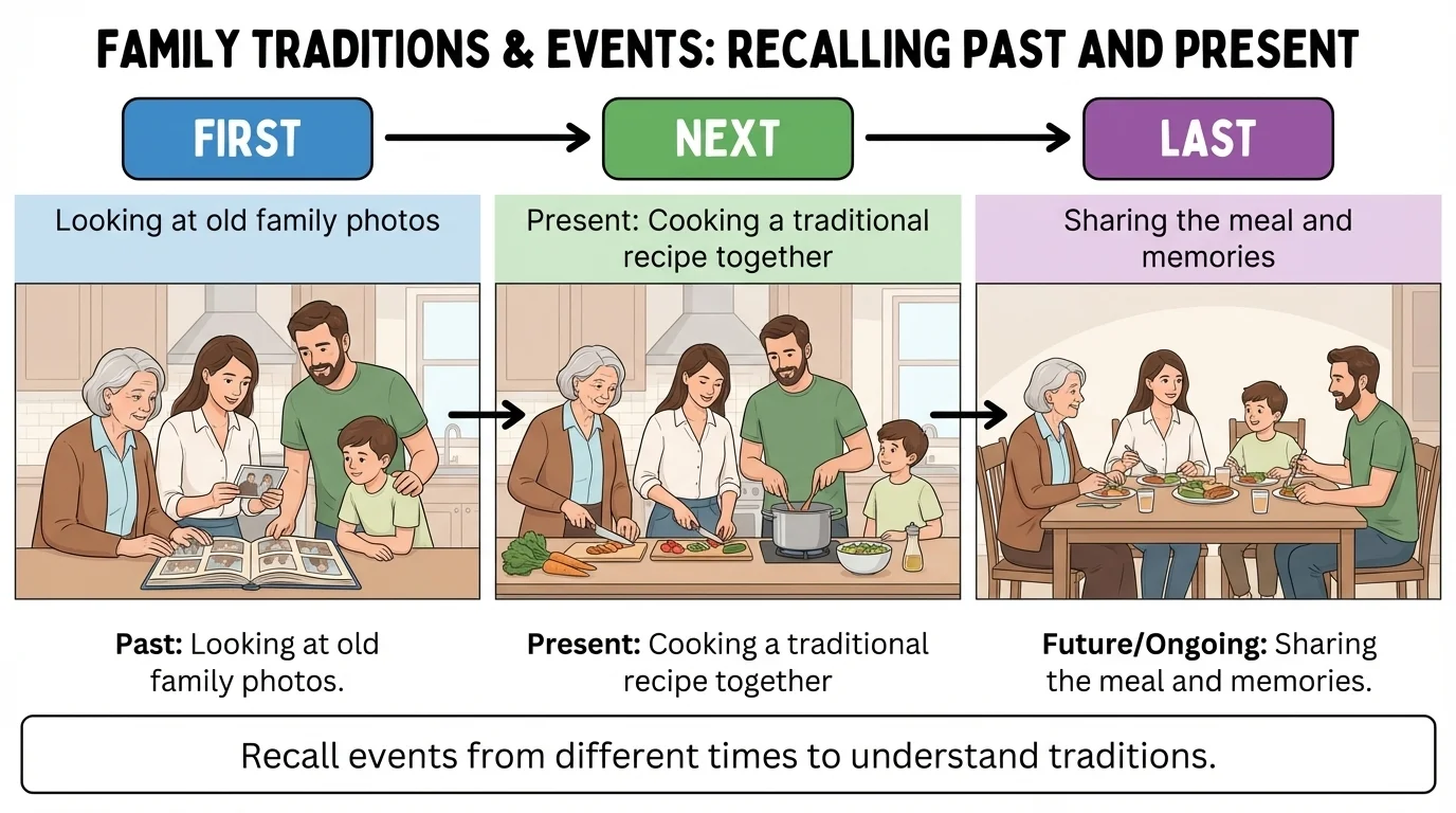 three-panel sequence showing a family event in order, such as preparing food together or celebrating a birthday, with simple labels first, next, last