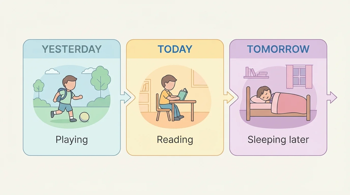 simple three-part timeline with yesterday, today, tomorrow and child scenes for playing yesterday, reading today, sleeping later