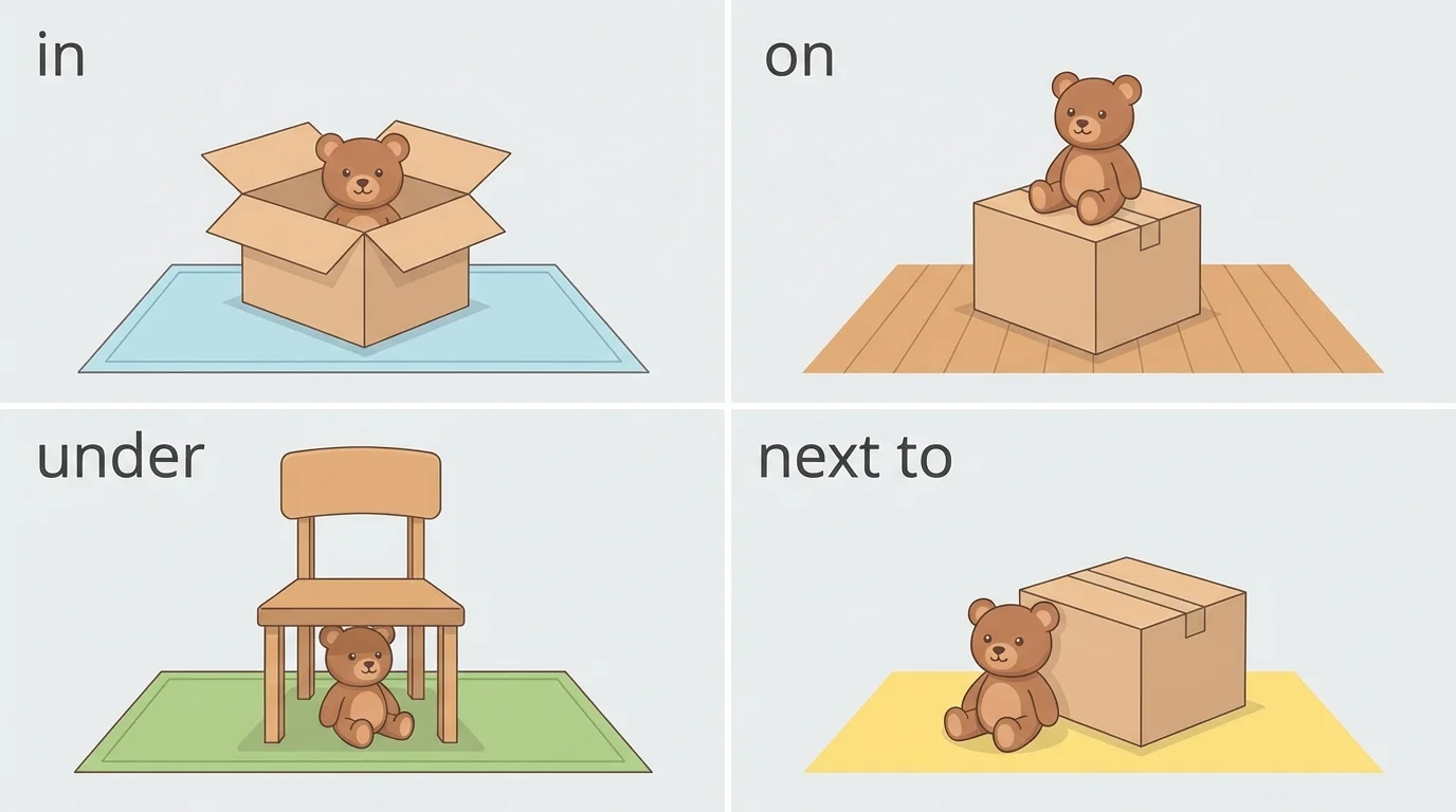 toy bear shown in, on, under, and next to a box and chair with very short labels for each position