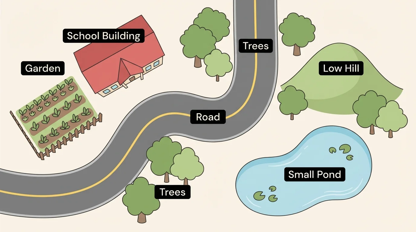 simple neighborhood scene with a school building, road, trees, garden, small pond, and low hill clearly visible
