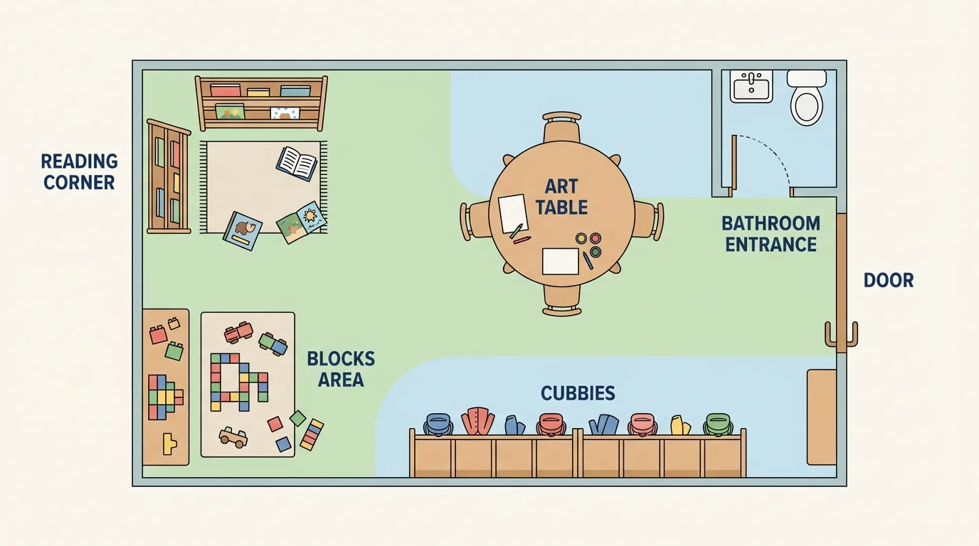 preschool classroom scene with simple labeled areas such as reading corner, blocks area, art table, cubbies, door, and bathroom entrance