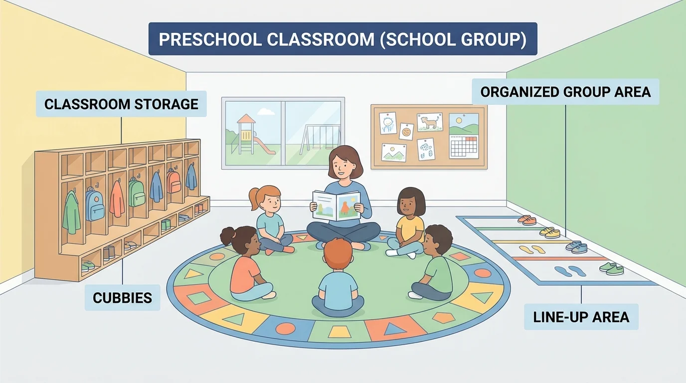 Preschool classroom with teacher, children on rug, cubbies, and line-up area showing class as a school group