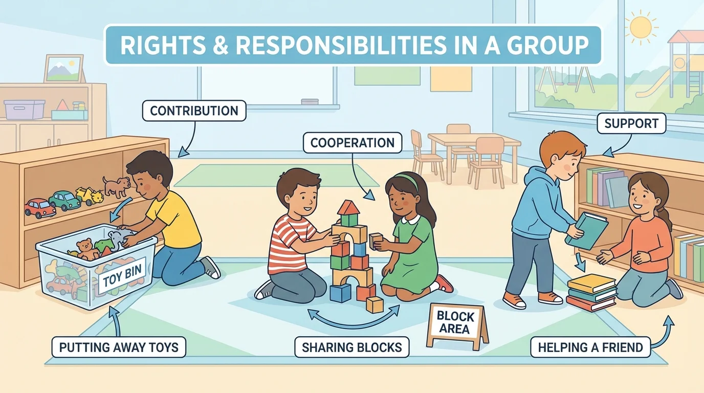 Preschool children putting toys away, sharing blocks, and helping a friend during cleanup time