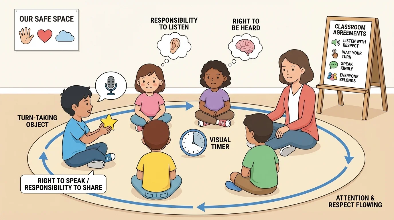 Children sitting in circle time, one child speaking, others listening, teacher nearby, visual cues for safe space and turn-taking
