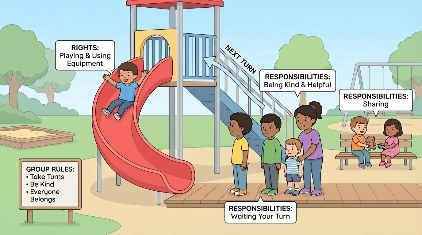 Playground scene with children taking turns on a slide, waiting in line, and using kind behavior