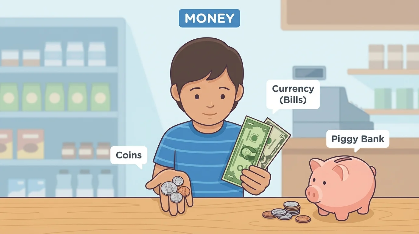 Illustration of a child at a store holding coins and bills, with a piggy bank nearby