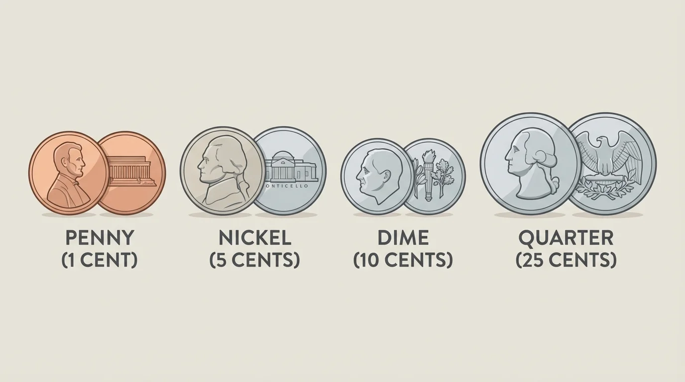 Child-friendly illustration of penny, nickel, dime, and quarter with simple labels and different sizes