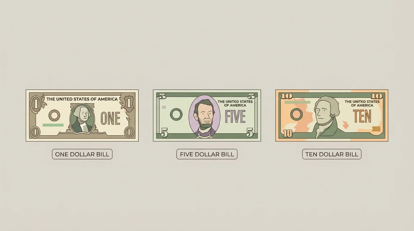 Illustration of $1, $5, and $10 bills with large visible numbers and simple labels
