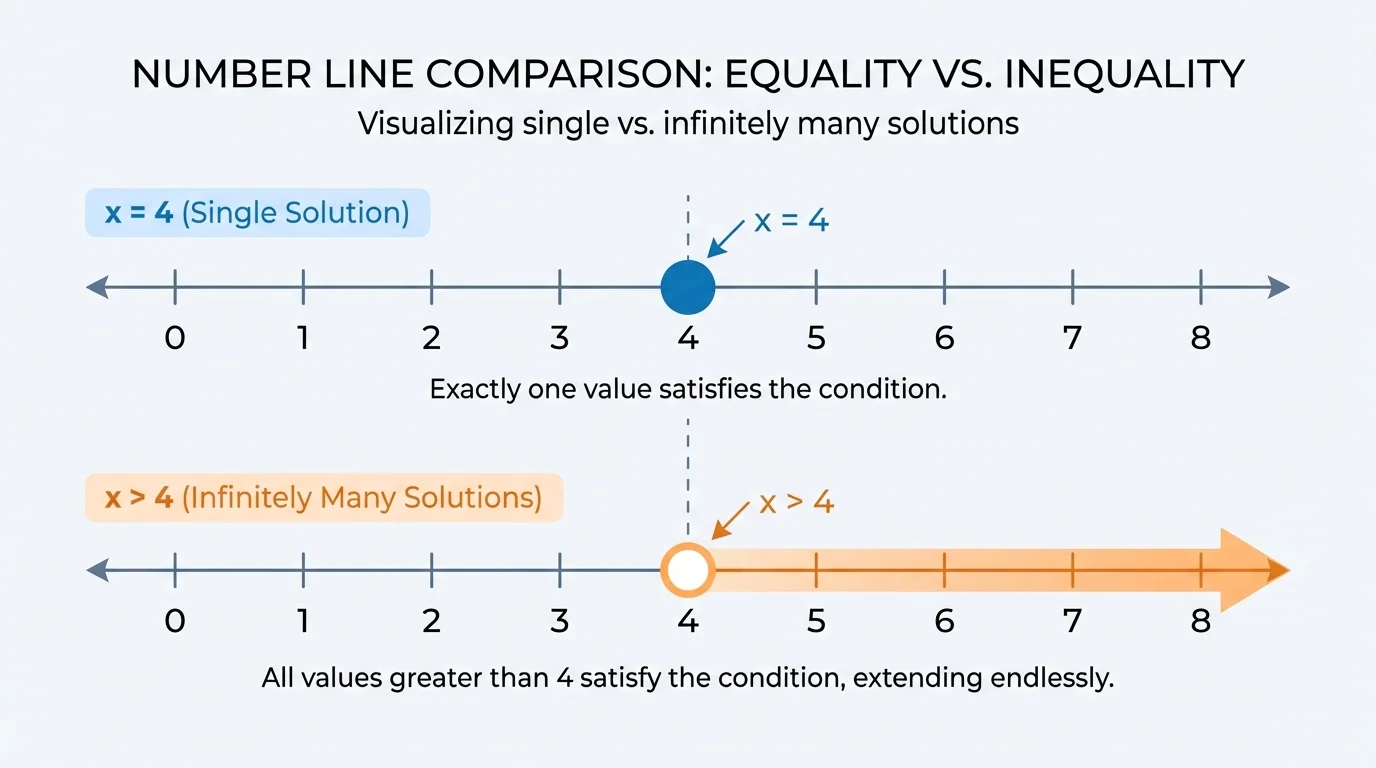 Number line comparison showing x = 4 as one filled point at 4 and x > 4 as an open circle at 4 with shading to the right