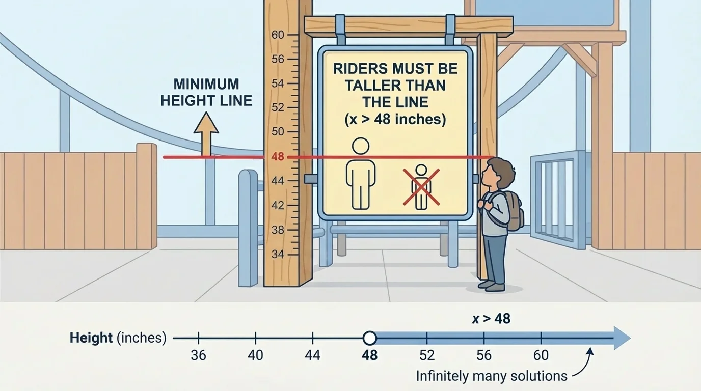 Theme park ride entrance with a height measuring pole and a sign indicating riders must be taller than the marked height line
