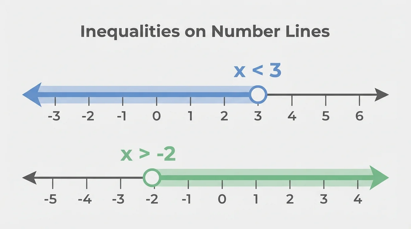 Two side-by-side number lines, one with open circle at 3 and shading left for x < 3, and one with open circle at -2 and shading right for x > -2