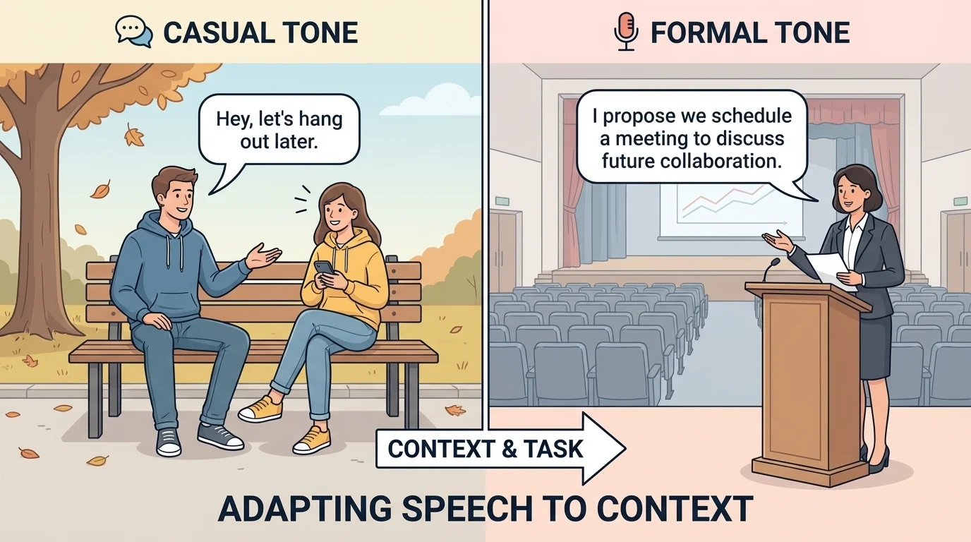 Two students giving the same message in different contexts, one chatting casually with a friend and one speaking at a podium, with simple labels for casual tone and formal tone