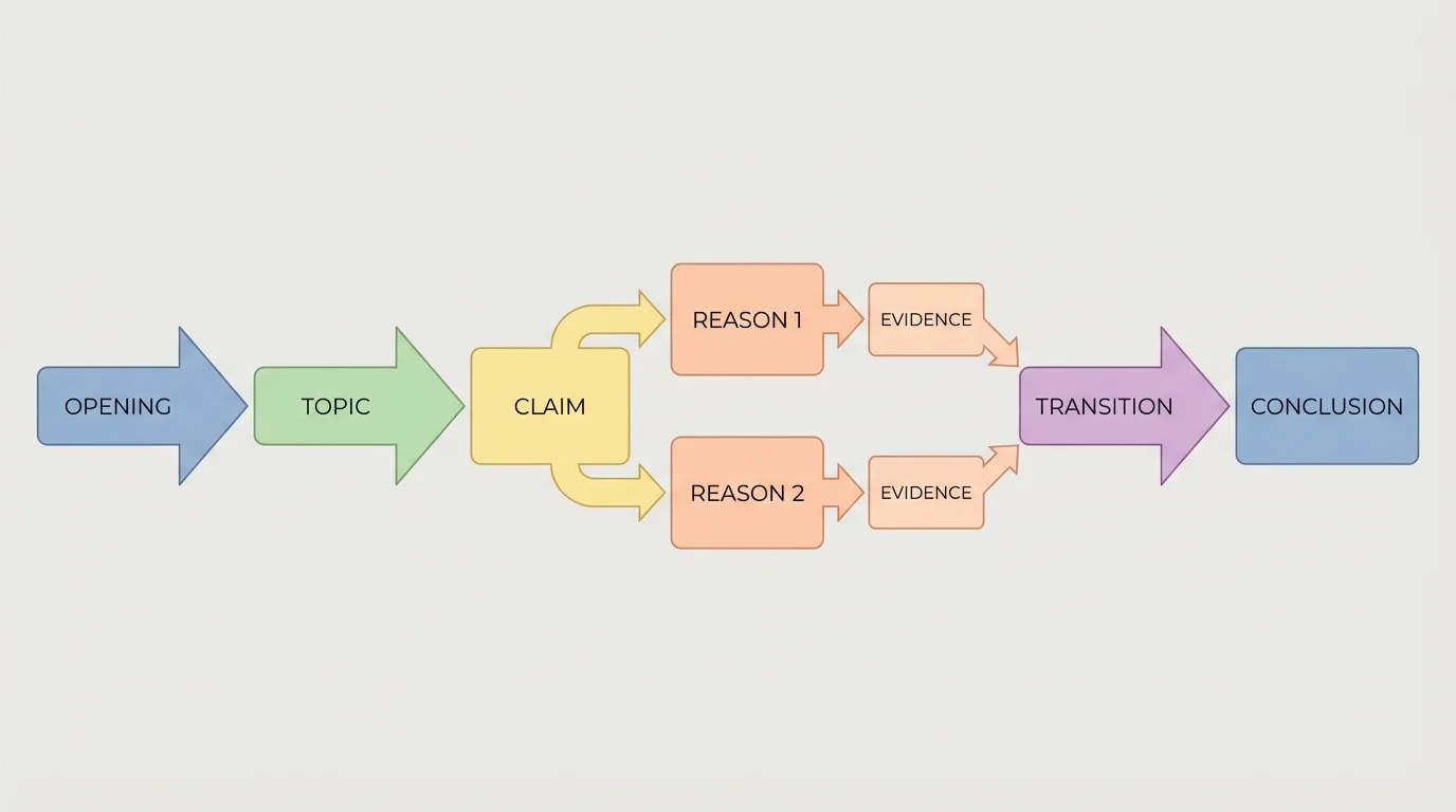 Flowchart of a student presentation with boxes labeled opening, topic, claim, reason 1, evidence, reason 2, evidence, transition, conclusion