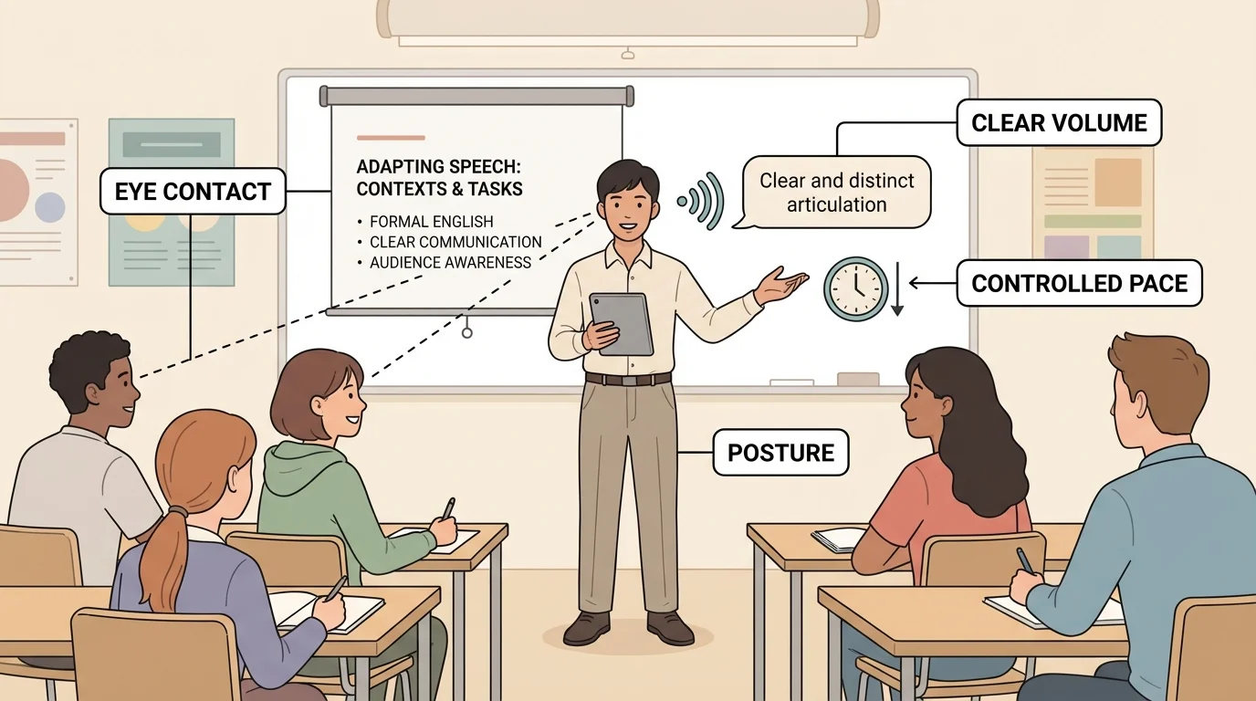 Student presenter standing confidently before classmates with labels for eye contact, posture, clear volume, and controlled pace