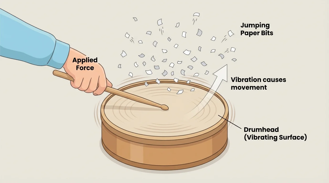Child tapping a drum, drum skin vibrating, and small paper bits jumping upward from the drum surface