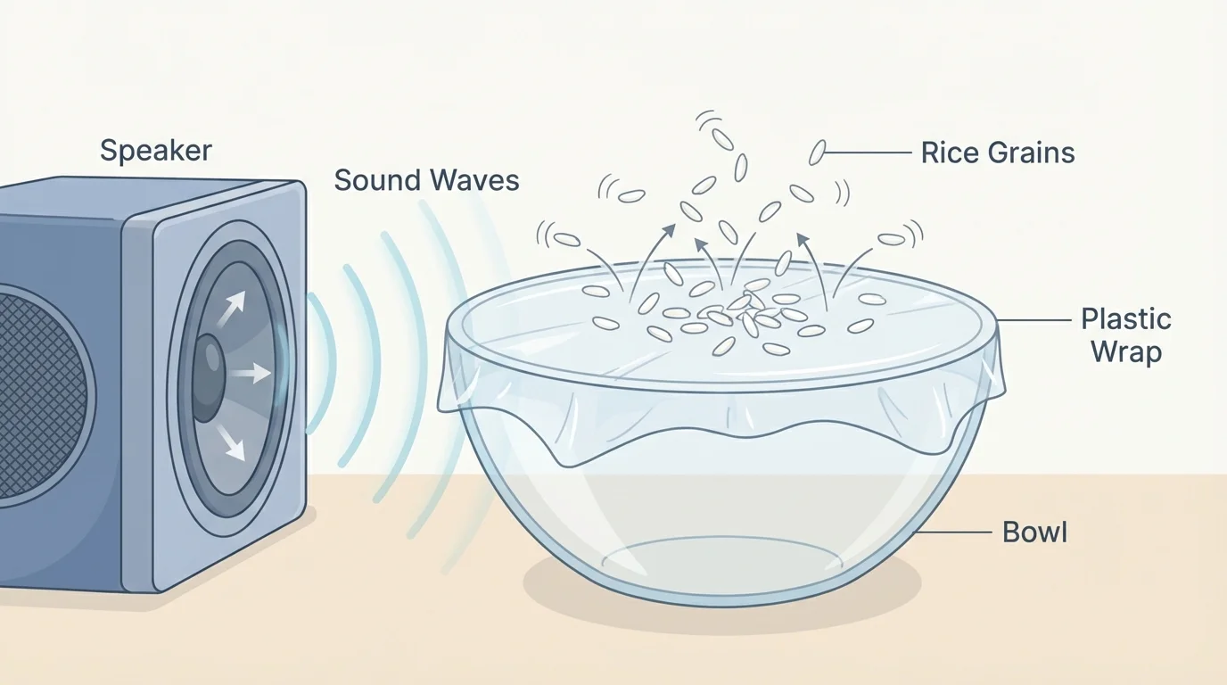 Bowl covered with plastic wrap near a speaker, with rice grains bouncing on the plastic from sound vibrations