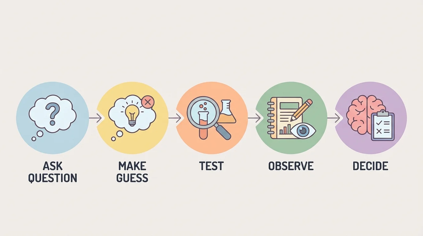 Sequence of simple investigation steps with child-friendly icons for ask question, make guess, test, observe, and decide