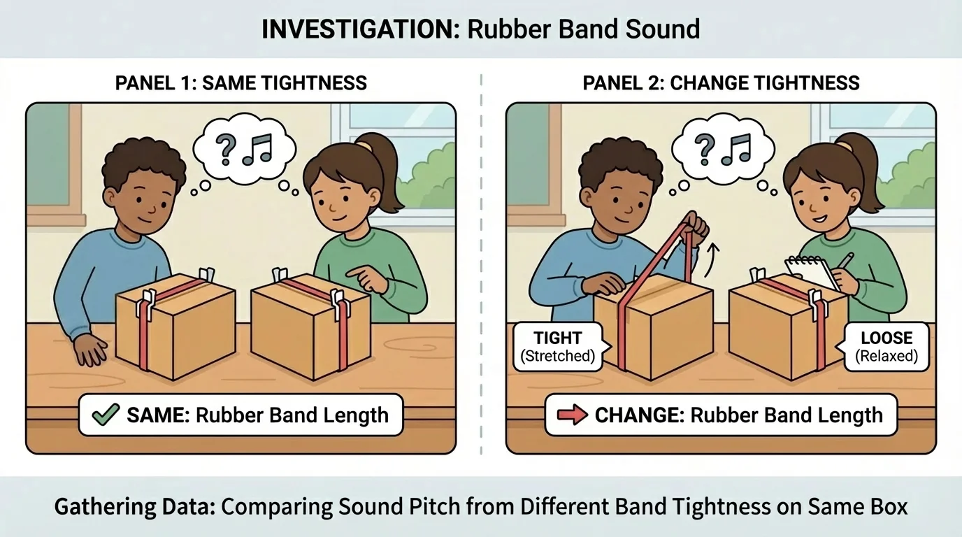 children comparing rubber bands on boxes, changing band tightness while keeping the box the same, with simple labels for same and change