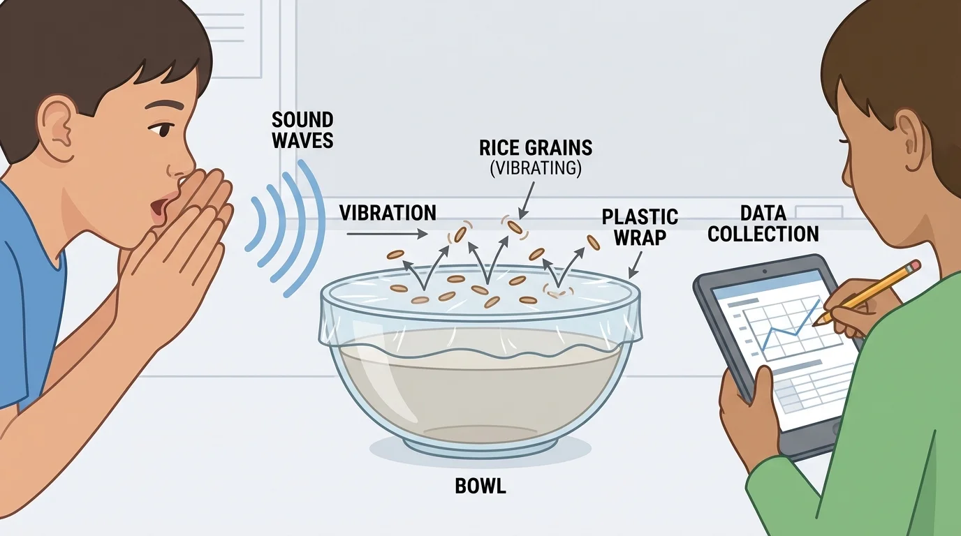 bowl covered with plastic wrap, small rice grains on top, child making sound nearby, rice bouncing from vibration