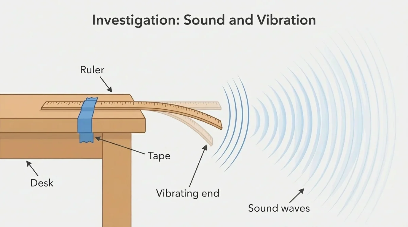 close view of a ruler taped to a desk edge, one end bent and released, motion lines showing vibration and sound waves
