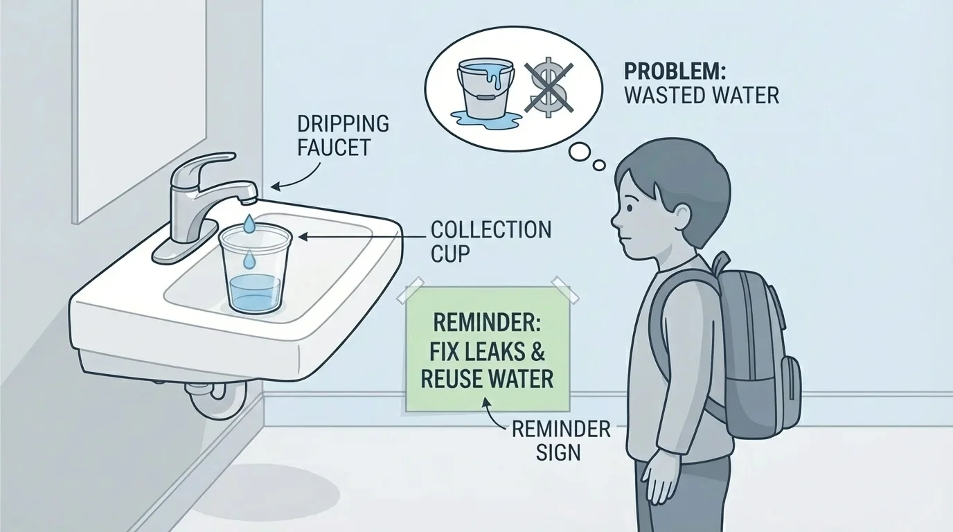 Classroom sink with a dripping faucet, a child noticing wasted water, and a simple collection cup with a reminder sign nearby