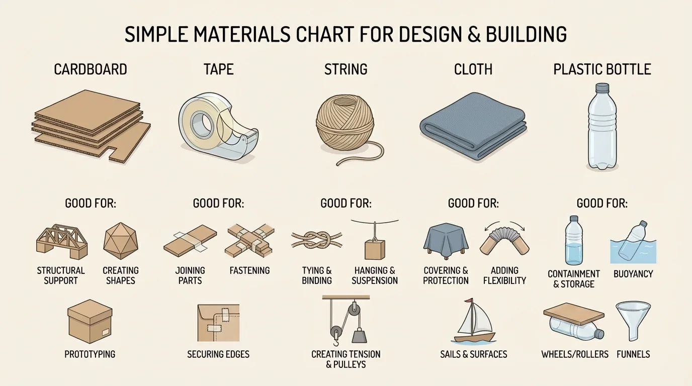 Simple materials chart showing cardboard, tape, string, cloth, and plastic bottle, with small pictures of what each material is good for