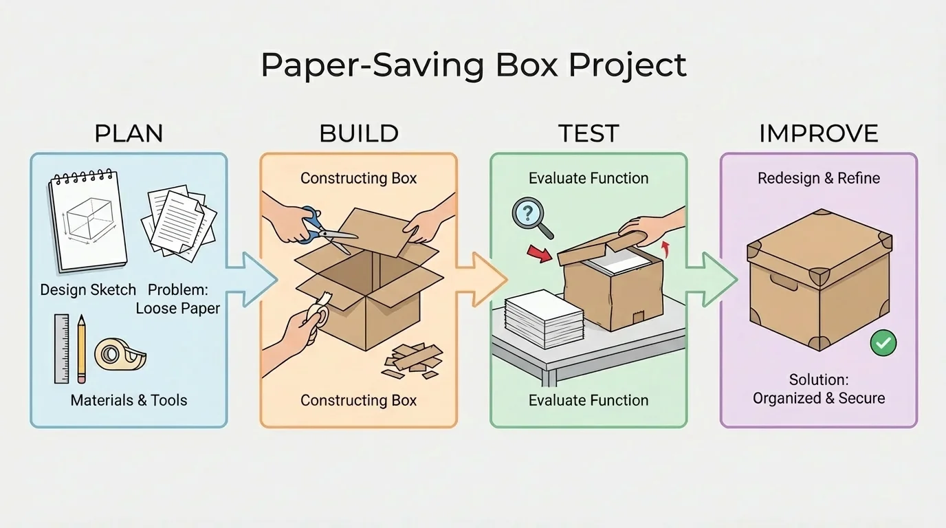 Four-step flowchart with arrows showing plan, build, test, improve for a simple paper-saving box project