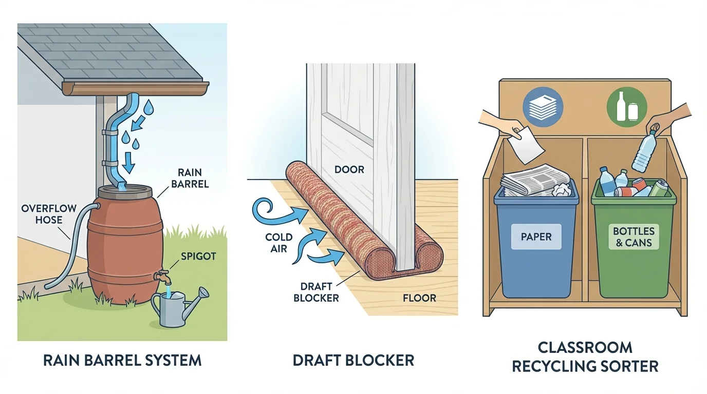 Three scenes showing a rain barrel catching water, a cloth draft blocker under a door, and a classroom recycling sorter for paper and bottles