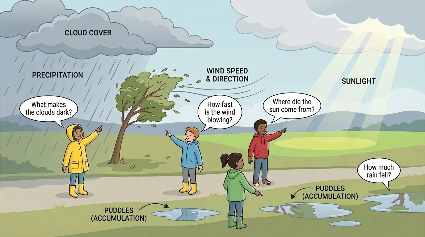 Simple weather scene with gray clouds, sunny patch, puddles, and a tree bending in wind while children point at the signs