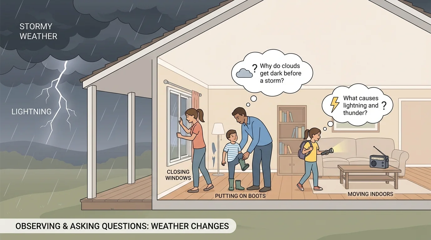 Family preparing for a storm by closing windows, putting on boots, and moving indoors while dark clouds and lightning appear outside