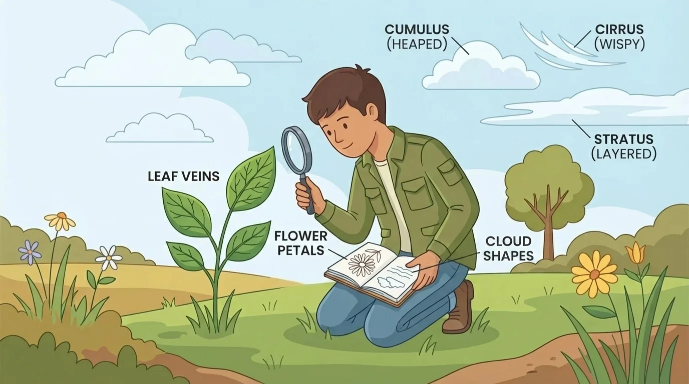 student outdoors using magnifying glass and notebook to observe leaf veins, flower petals, and cloud shapes