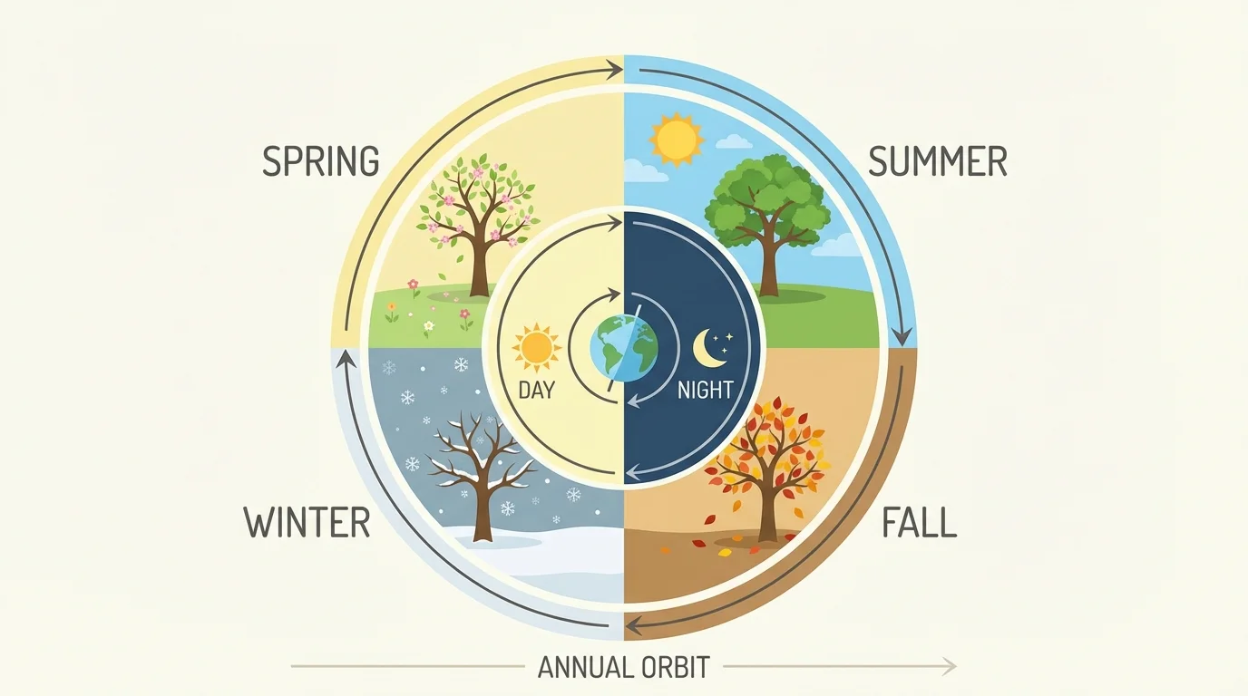 circular day-night and four-seasons cycle with sun, Earth, and a tree changing through spring, summer, fall, and winter