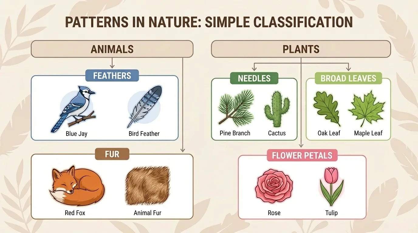 simple classification chart grouping animals by feathers or fur and plants by needles, broad leaves, or flower petals