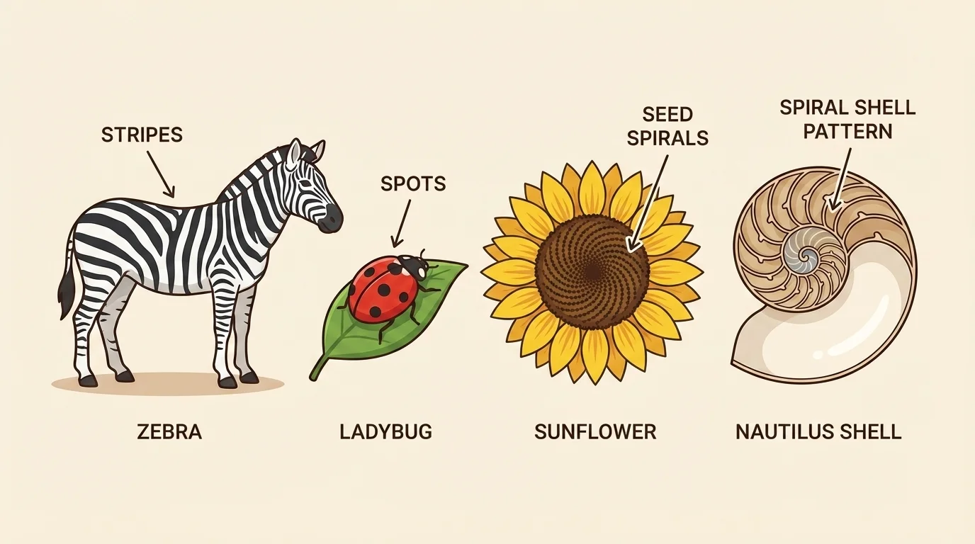 zebra, ladybug, sunflower, and snail shell showing stripes, spots, seed spirals, and spiral shell pattern