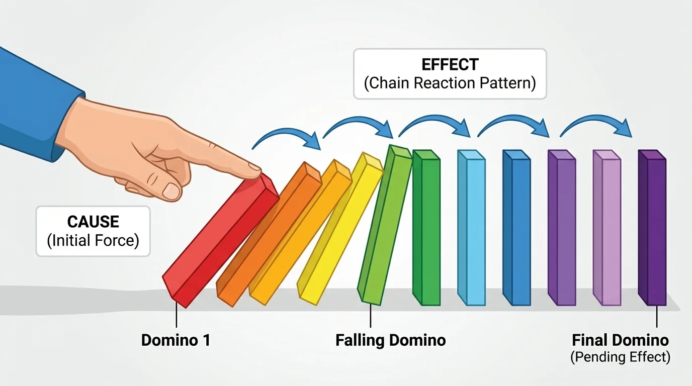 Child pushes first domino and the rest fall in order, labeled cause and effect