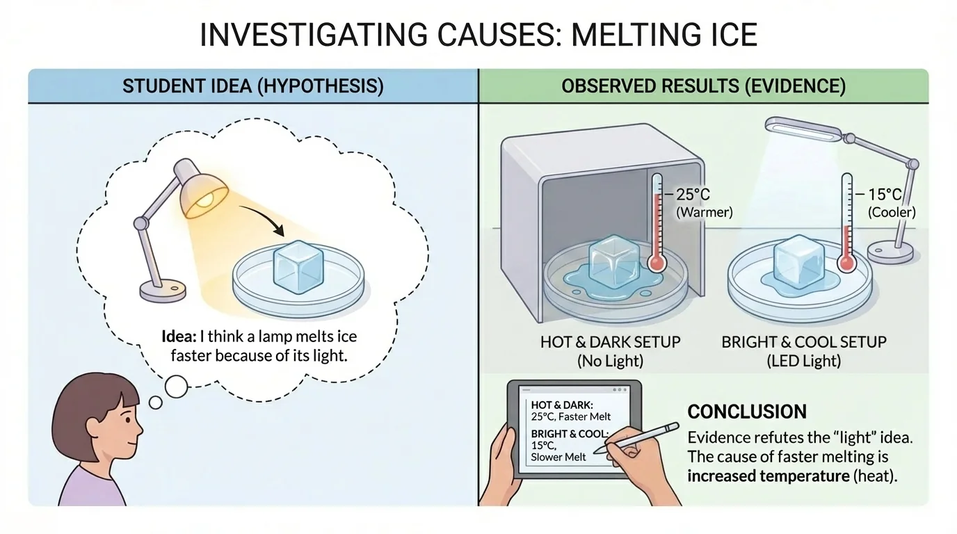 T-chart with student idea on one side and observed results on the other, using a melting ice cube example