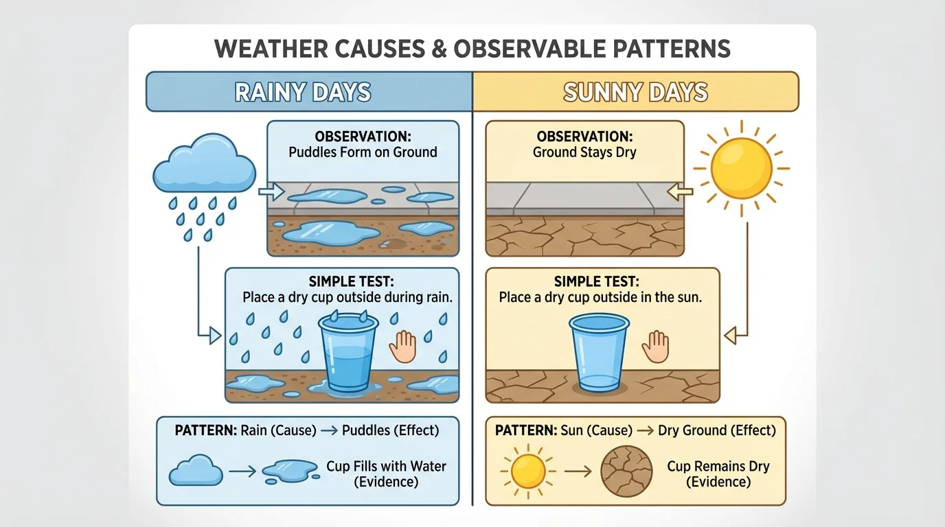 Simple weather chart showing rainy days with puddles and sunny days with dry ground