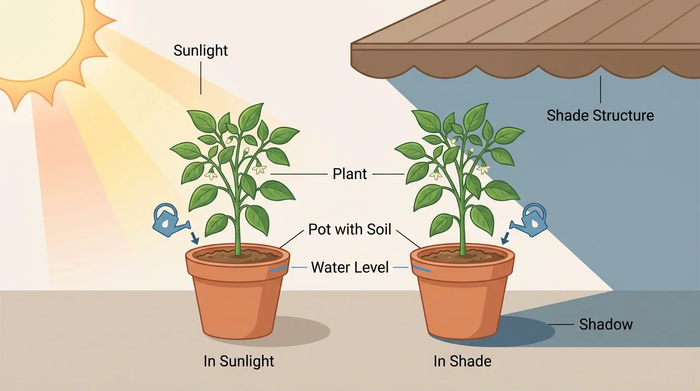 Two identical plants in same pots and water, one in sunlight and one in shade