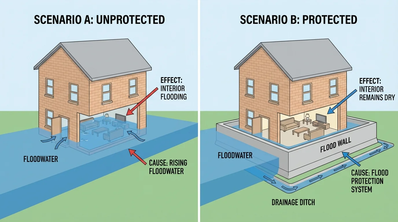 Diagram comparing a building with no flood barrier and a building protected by a low wall and drainage ditch
