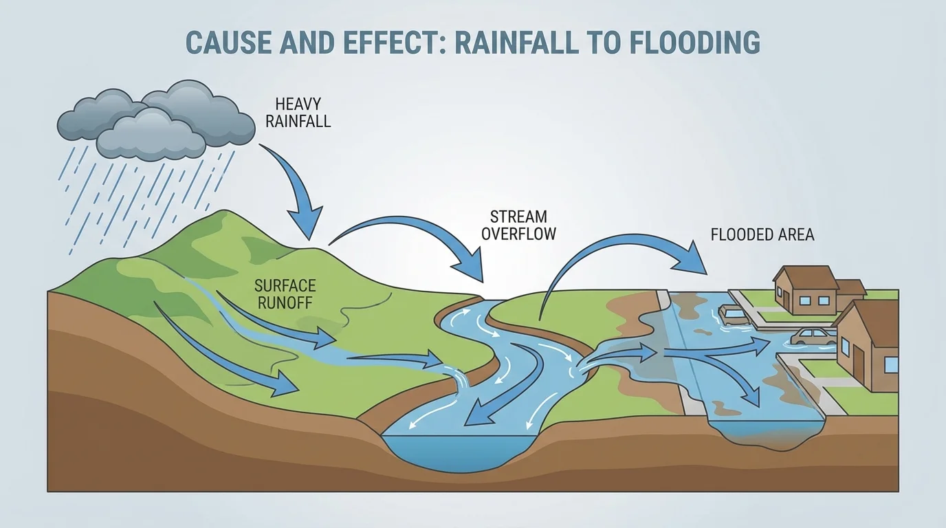 Illustration of dark rain clouds, water flowing downhill, overflowing stream, and flooded street near homes