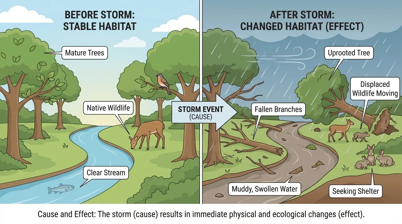 Illustration of a habitat before and after a storm with fallen branches, muddy water, and animals moving to safer places